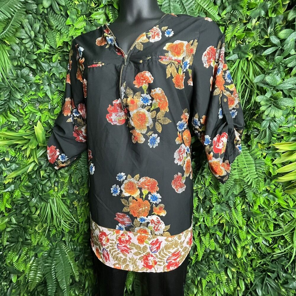 MPH Tops Women‎ 3XL Black Blouse Floral Print Zip Front Detail  0155